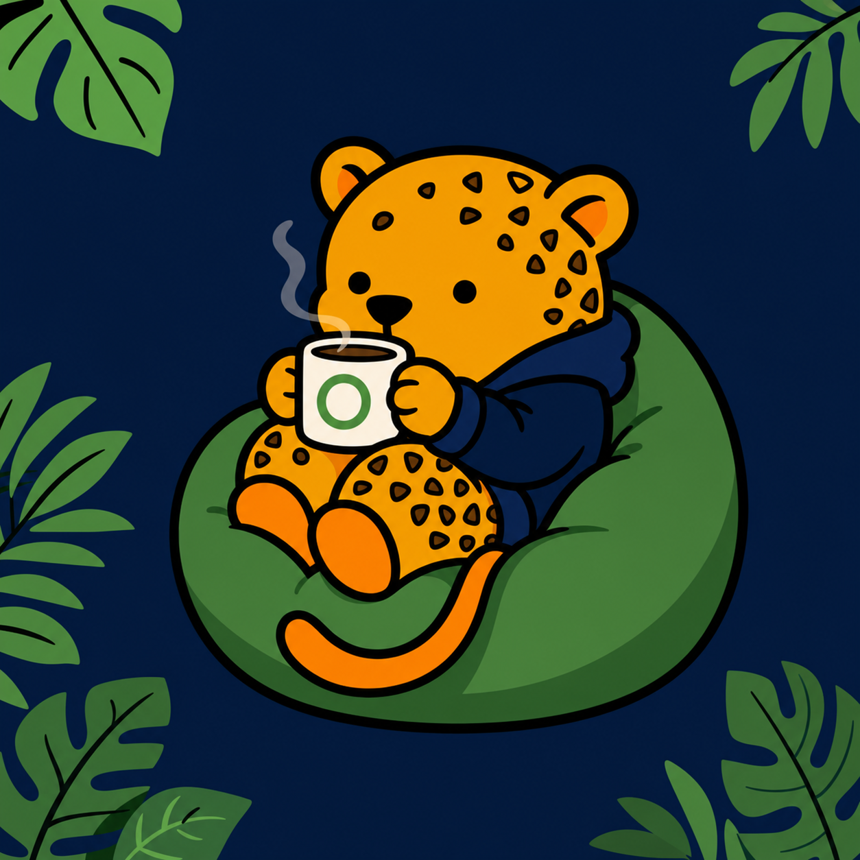 Optuu in a navy hoodie curled up with a coffee mug