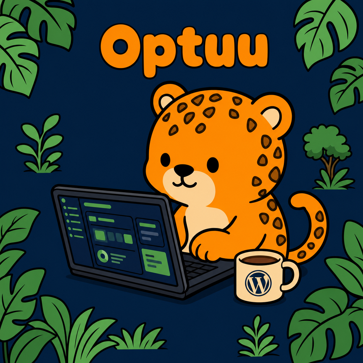 Optuu at the WordPress dashboard with a coffee mug