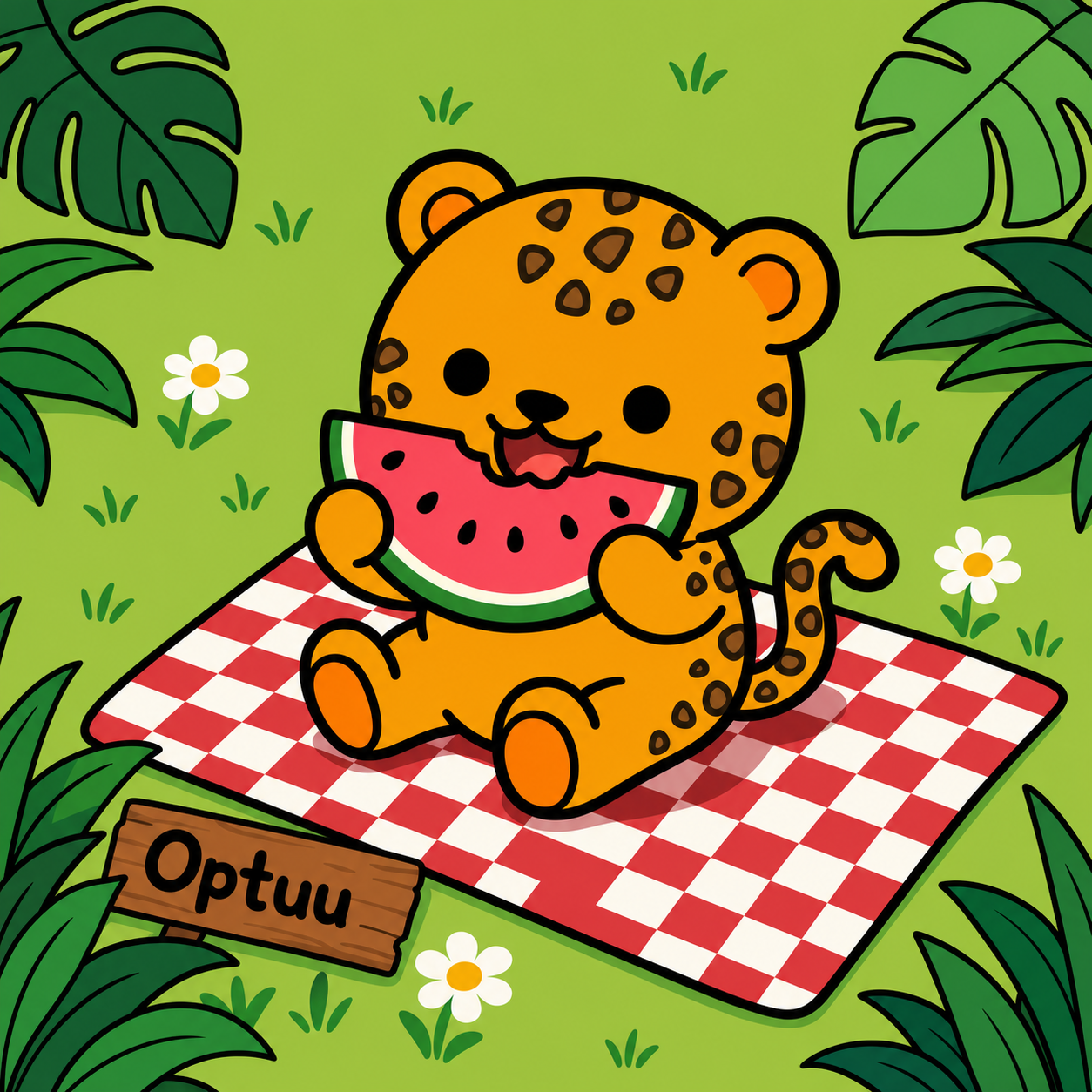 Optuu at a summer picnic eating watermelon